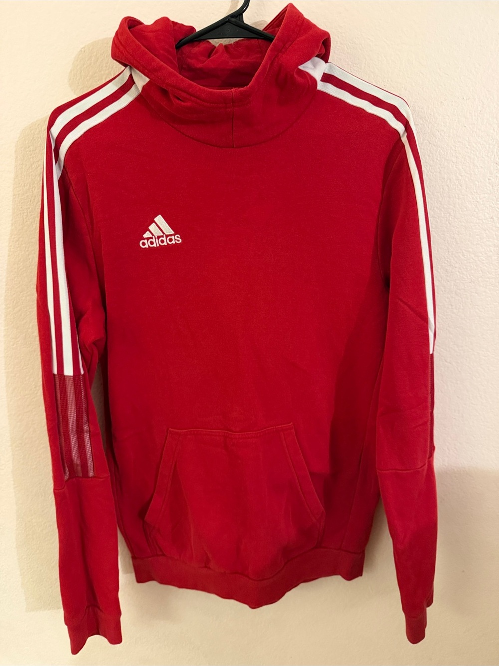 adidas Men’s Red Crewneck Hoodie with White Stripes